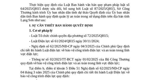 V/v đăng tải và xin ý kiến góp ý hồ sơ dự thảo Quyết định của UBND tỉnh ban hành quy định quản lý an toàn trong sử dụng điện trên địa bàn tỉnh Lạng Sơn